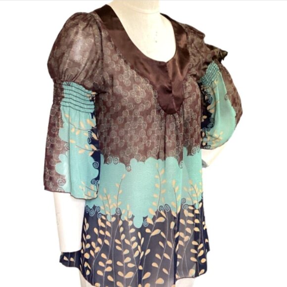 Daytrip Satin Trim & Chiffon 3/4 Smock-Bell Sleeve Top L Brown Green Black 98L - Picture 2 of 6